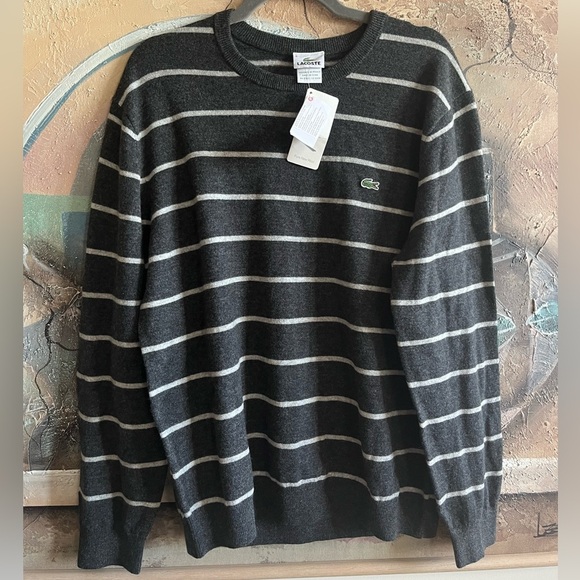 NWT Lacoste Pure Wool Striped Charcoal Crewneck Pullover Sweater - Picture 1 of 13